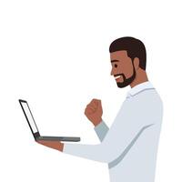 Young black man holding laptop and raising his arms to celebrate success or achievement. vector