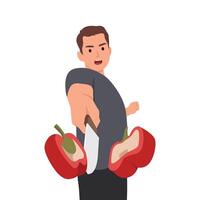 Midsection of man cutting bell peppers with knife and style. vector