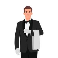 Handsome yong waiter in tuxedo and gloves holding napkin. vector