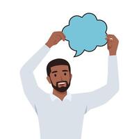 Speech bubble, advertising, communication concept. Young happy black man holding thought bubble. vector