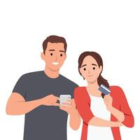 Man and woman using mobile phone with credit card booking hotel or event tickets. vector