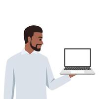 Young black man holding or showing the blank screen of a laptop computer. vector