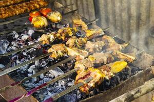 A lot of kebab skewers on the grill, on the coals close-up in the smoke photo