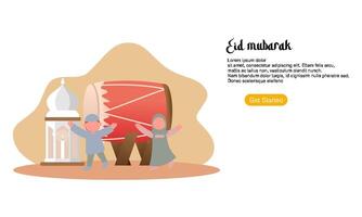 feliz saludo de eid mubarak o ramadán con carácter de personas vector