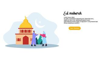 feliz saludo de eid mubarak o ramadán con carácter de personas vector