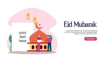 feliz saludo de eid mubarak o ramadán con carácter de personas vector