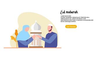 feliz saludo de eid mubarak o ramadán con carácter de personas vector