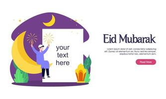 feliz saludo de eid mubarak o ramadán con carácter de personas vector