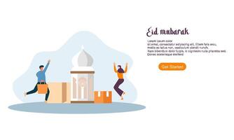 feliz saludo de eid mubarak o ramadán con carácter de personas vector