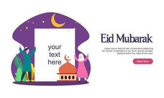 feliz saludo de eid mubarak o ramadán con carácter de personas vector