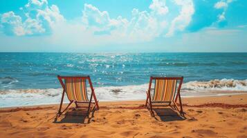 two beach chairs on the beach with blue sky and clouds photo