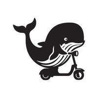 illustration of a Whale on a scooter in black and white vector