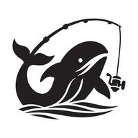 Whale - Fishing whale with a rod illustration in black and white vector