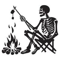 Camper skeleton roasting marshmallows illustration on white background vector