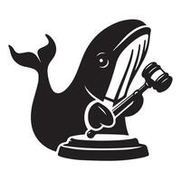 Judge whale with a gavel illustration in black and white vector