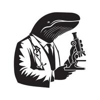 Whale in a lab coat doing experiments illustration in black and white vector