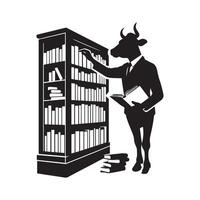 Librarian cow arranging books illustration in black and white vector