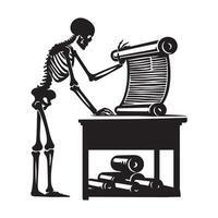 Skeleton silhouette -Archivist skeleton with ancient scrolls illustration vector