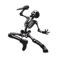 Illustration of a Rock star skeleton with a microphone in black and white vector