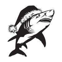 Shark in a Santa hat illustration in black and white vector