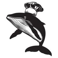 illustration of a Chef whale wearing a chef hat in black and white vector