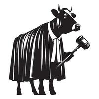 Judge cow in robes with a gavel illustration in black and white vector