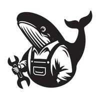 Mechanic whale with a wrench illustration in black and white vector