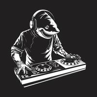 DJ tiburón con auriculares y placa giratoria ilustración vector
