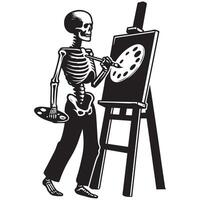 Artist skeleton painting on a canvas in standing illustration on a white background vector