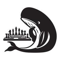 ballena logo - ajedrez jugador ballena con un tablero de ajedrez ilustración en negro y blanco vector