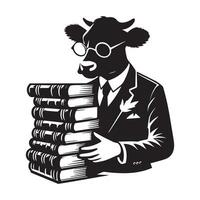 Cow - Archivist cow with glasses and a stack of books illustration in black and white vector