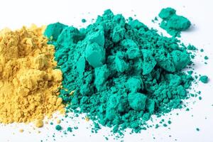 Pile of colorful holi powder isolated on white background. photo