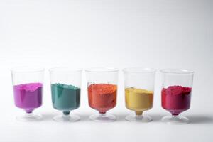 Multicolored holi powder sand in measuring cup row isolated on white background. photo