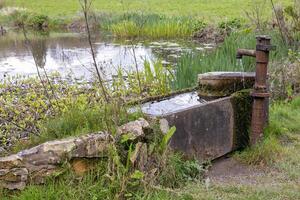 agua canal y oxidado grifo por un estanque en este sussex foto