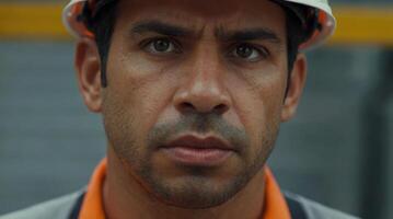 A close-up, revealing the focused and determined expression of a worker photo