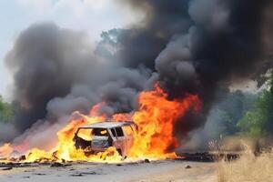 Fuel carrier in flames. Truck burning on the road. Neural network photo