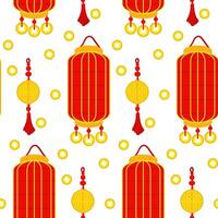 modelo es un chino rojo papel linterna con dorado amuletos, recordativo de cultural riqueza y un festivo atmósfera. un festivo festival. un alargado rectángulo con monedas Luna festival. ilustración vector