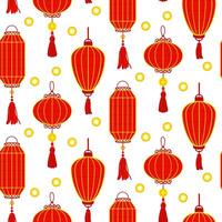 Pattern of red Chinese paper lanterns and gold coins, creating a festive and cultural atmosphere. Decoration of festive events, cultural decorations in the traditional Asian style. Seamless texture vector