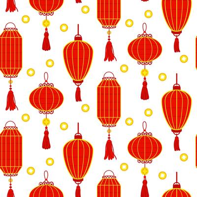 Pattern of red Chinese paper lanterns and gold coins, creating a festive and cultural atmosphere. Decoration of festive events, cultural decorations in the traditional Asian style. Seamless texture