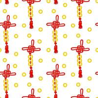 Pattern of red threads is tied in Chinese knots for good luck, symbolizing, prosperity. Red threads in knots with gold coins. Materials in the traditional Asian style are used in a cultural vector