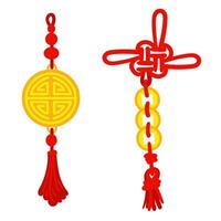 Set of red threads tied in Chinese knots for good luck, symbolizing good luck and prosperity. Gold coins, an amulet. Materials in the traditional Asian style are used for decoration in cultural theme vector