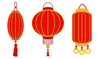 Set of Chinese red paper lanterns, reminiscent of cultural richness and festive atmosphere. A festival for good luck. Festive themes, cultural presentations and decorative purposes. Moon Festival vector