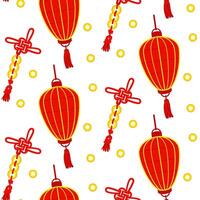 Pattern is a Chinese red paper lantern and threads with knots and gold coins, reminiscent of cultural wealth and a festive atmosphere. A festive festival. Moon Festival. Seamless illustration vector