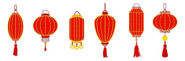 A set of Chinese red paper lanterns, reminiscent of cultural wealth and festive atmosphere. A festival for good luck. Festive themes, cultural presentations, decorative purposes. Moon Festival vector