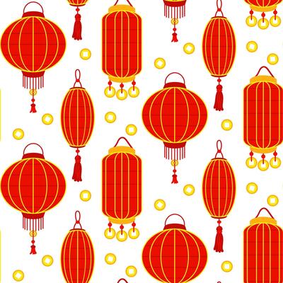 Pattern of red Chinese paper lanterns and gold coins, creating a festive and cultural atmosphere. Decoration of festive events, cultural decorations in the traditional Asian style. Seamless oriental