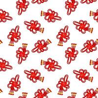 Pattern of red threads is tied into Chinese knots for good luck, symbolizing prosperity. Red threads in knots with golden beads in twist. Materials in the traditional Asian style are used in cultural vector