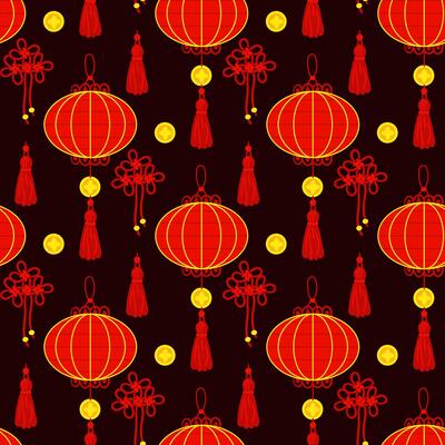 Pattern of red Chinese paper lanterns, red knotted thread, creating a festive, cultural atmosphere. Decoration of festive events, cultural decorations in the traditional Asian. Seamless dark texture