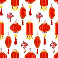 A pattern of red Chinese paper lanterns and red thread, creating a festive and cultural atmosphere. Decoration of festive events, cultural decorations in the traditional Asian style. Seamless oriental vector