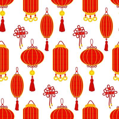 A pattern of red Chinese paper lanterns and red thread, creating a festive and cultural atmosphere. Decoration of festive events, cultural decorations in the traditional Asian style. Seamless oriental