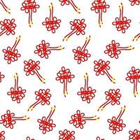 A pattern of red threads is tied into Chinese knots for good luck, symbolizing prosperity. Red threads in knots with gold beads. Materials in the traditional Asian style are used in cultural vector